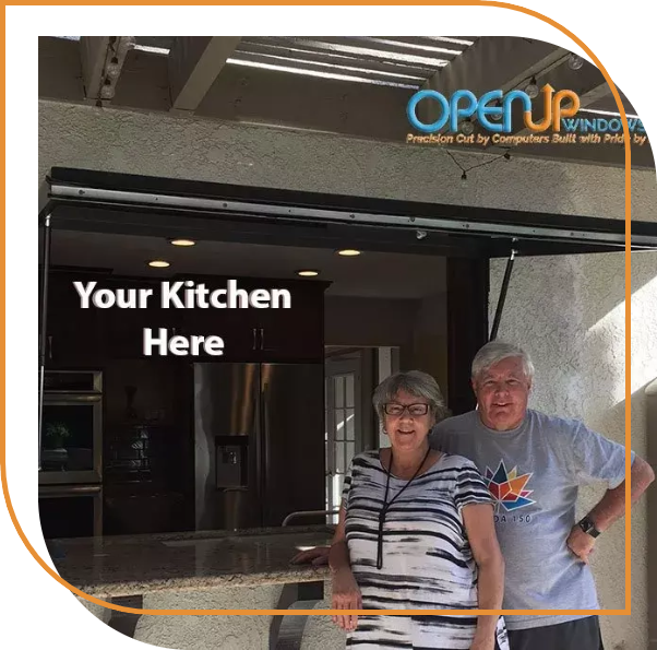 open gas strut kitchen pass-through window with man and woman standing in front of window exterior