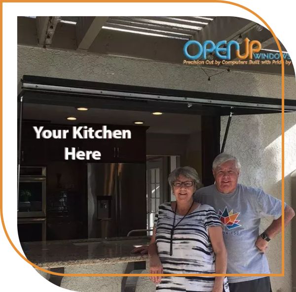 open gas strut kitchen window with man and woman standing in front of window exterior