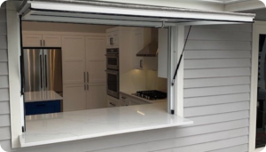 open gas strut kitchen pass-through window exterior